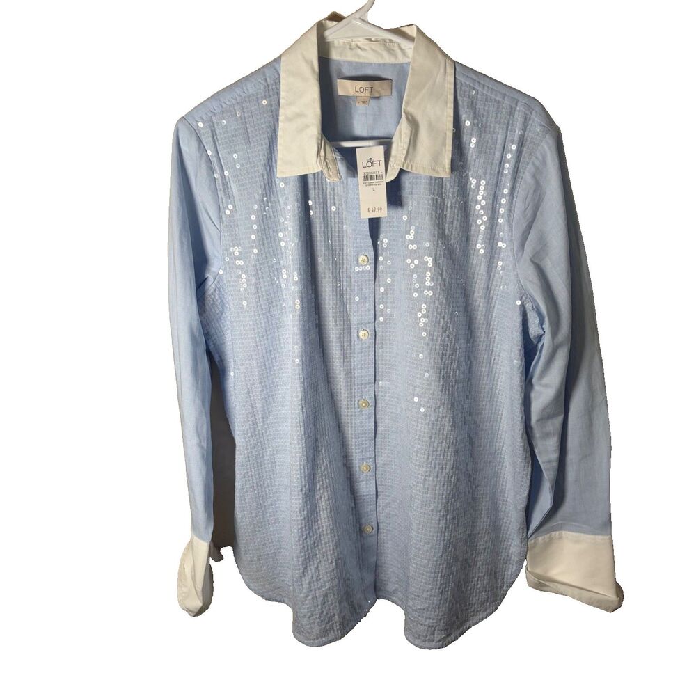 Loft Shirt Women's Large Blue Sequin Button Down Long Sleeve Layered Top NWT